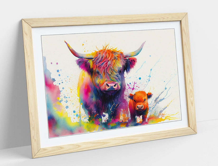 Framed Wall Art - Colorful Highland Cow Print Mother Child Poster, Handmade