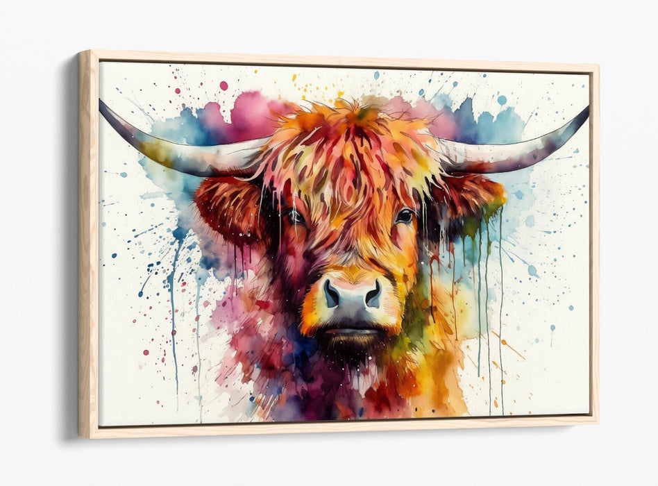 Highland Cow Canvas - Watercolour Animal Print With Float Effect Frame