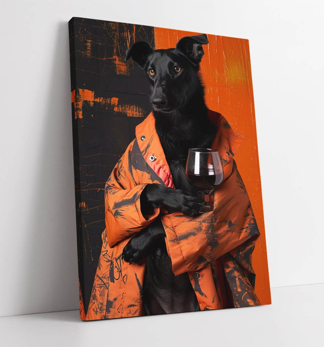 Funny Dog Wall Art – Handmade Canvas Print | Dog Holding Wine Glass Decor