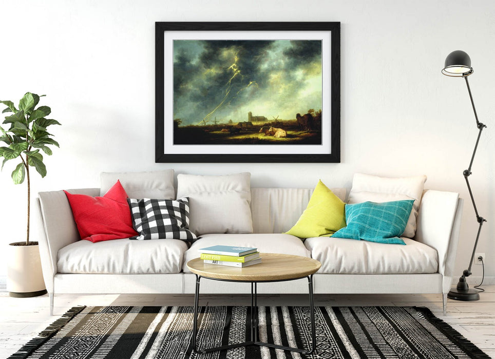 Framed Wall Art Poster – Aelbert Cuyp Thunderstorm Art Print with Natural Wood Frame
