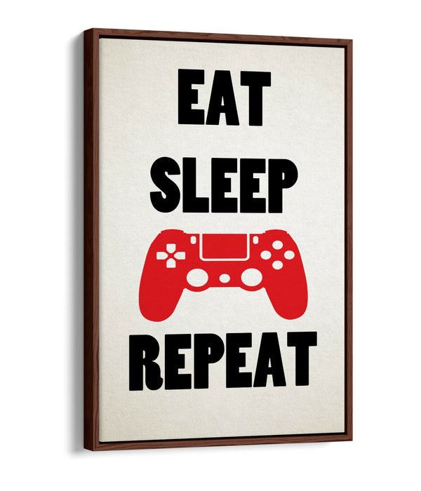 "EAT SLEEP GAME REPEAT" FUNNY GAMER QUOTE -FLOAT EFFECT CANVAS WALL ART PRINT