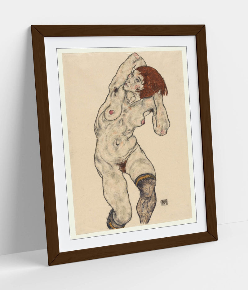 Framed Art Poster - Nude Art Print with Black Stockings | Matte Paper, Wood Grain Frame