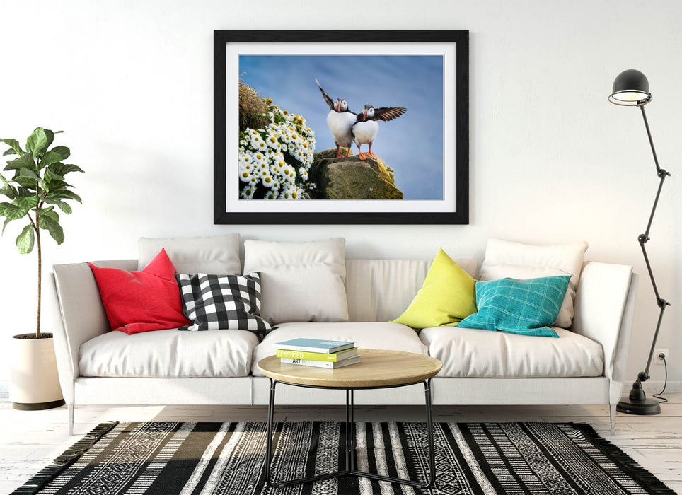 Framed Wall Art - Puffin Art Print on Cliff Edge | Bedroom Wall Decor, UK Handmade Frames