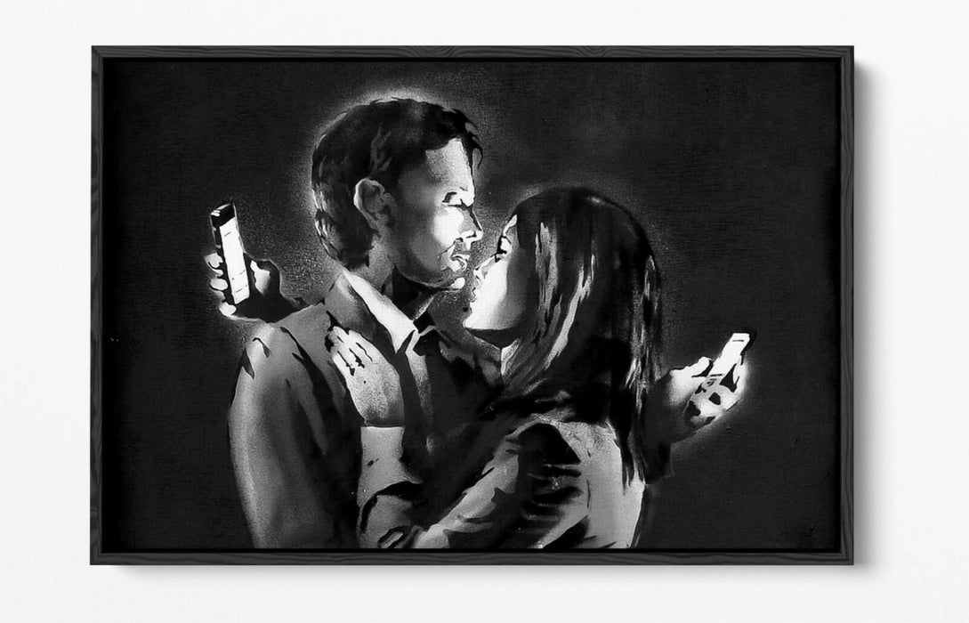 BANKSY MOBILE LOVERS FLOAT EFFECT CANVAS WALL ART PIC PRINT GRAFFITI- GREY WHITE