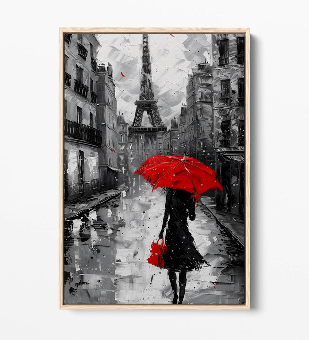 Red Umbrella Canvas - Paris City Black White Print | Handmade Wall Art Float Effect
