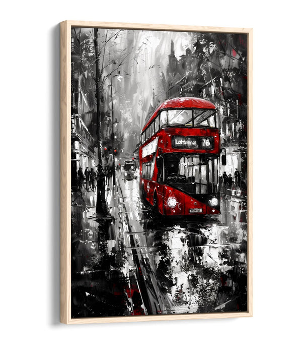 Canvas Wall Art - Black White Cityscape Red Bus Print | Handmade Premium Float Effect