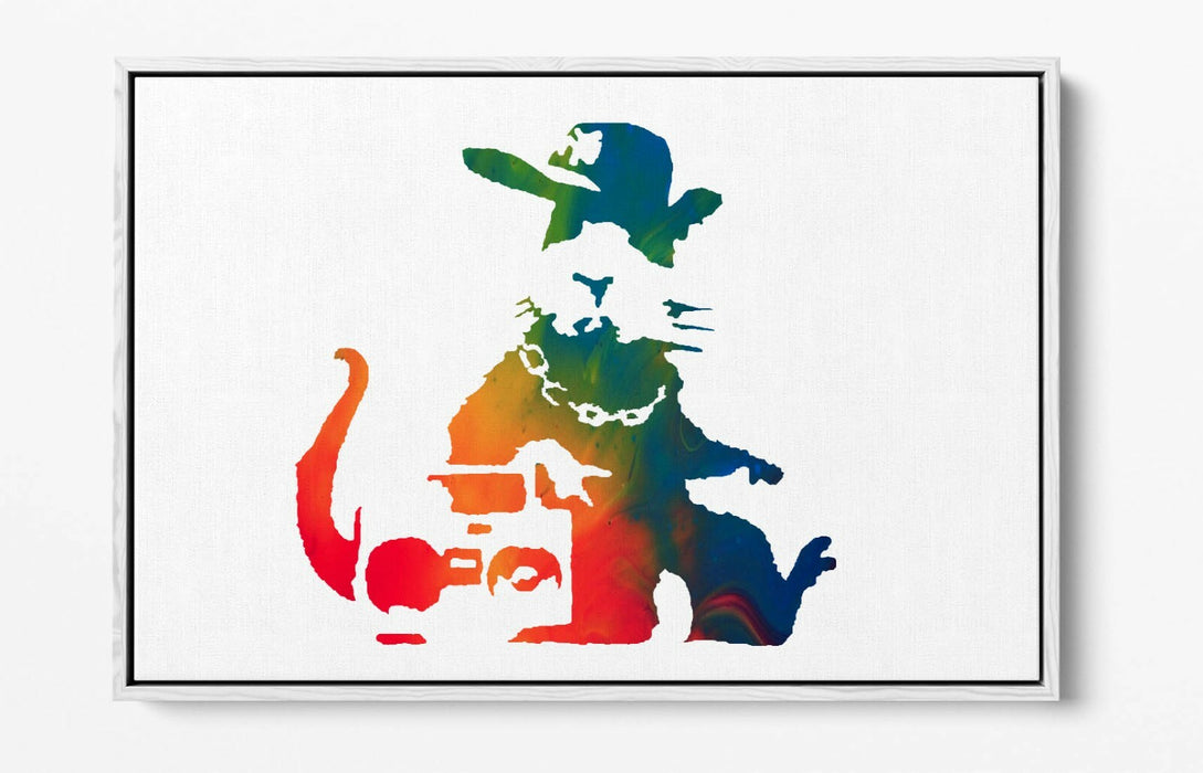 BANKSY, GANGSTA RAT RAINBOW ART EFFECT -FLOAT EFFECT CANVAS WALL ART PRINT