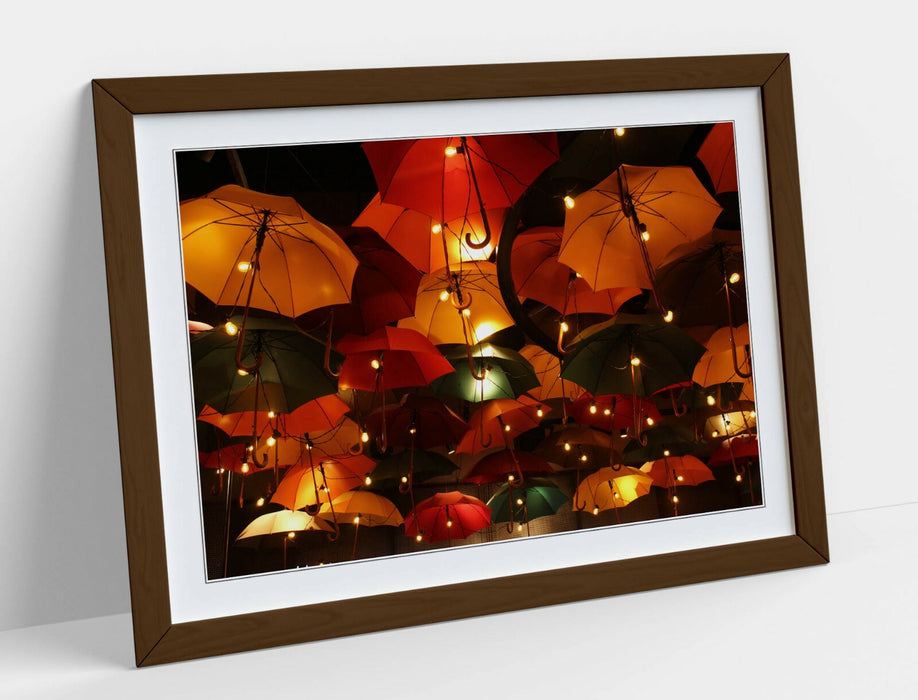 Framed Wall Art - Umbrella Sky Lights Night Time Photography Print With Woodgrain Frame