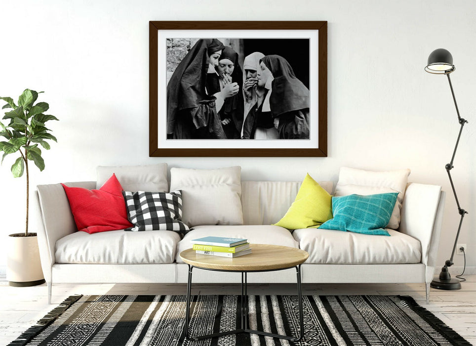 SMOKING NUNS ICONIC VINTAGE PHOTOGRAPH -FRAMED WALL ART POSTER PICTURE PRINT