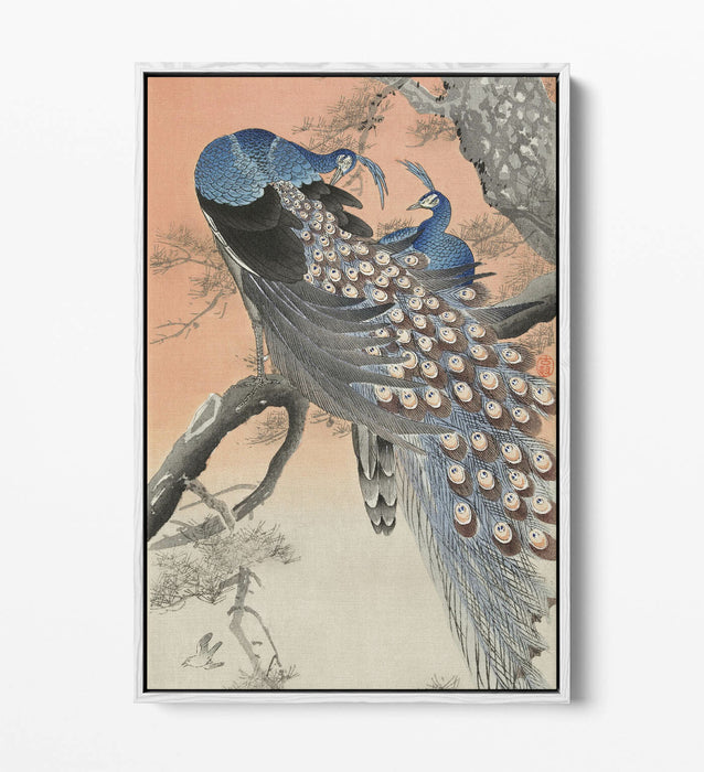 OHARA KOSON, TWO PEACOCKS ON TREE BRANCH -FLOAT EFFECT CANVAS WALL ART PIC PRINT