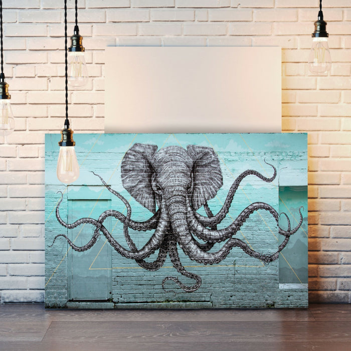 ELEPHANT OCTOPUS GRAFFITI CANVAS WALL ART PRINT ARTWORK  FRAMED TEAL TURQUOISE