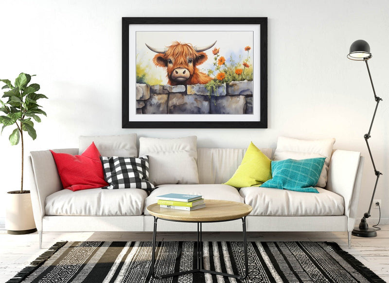 Highland Cow Wall Art – Framed Rustic Home Decor with Woodgrain Frame