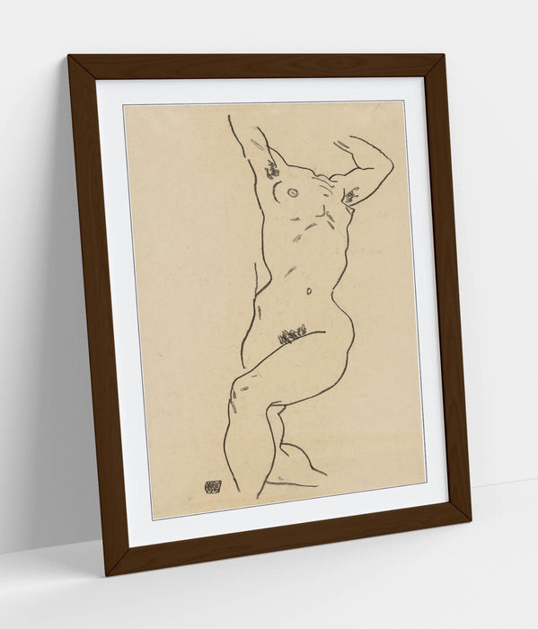Framed Art Poster - Egon Schiele Reclining Nude Art Print With Woodgrain Frame