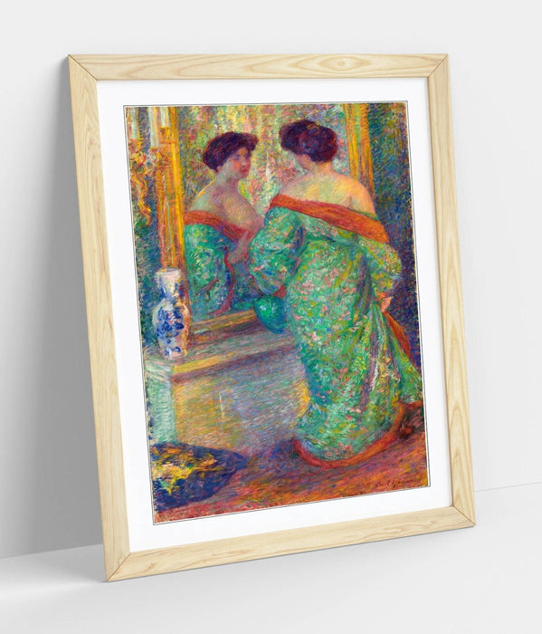 Framed Wall Art Poster – 'Lady Reflected in Mirror by Carl Newman' Print with Wood Grain Frame | UK Handmade