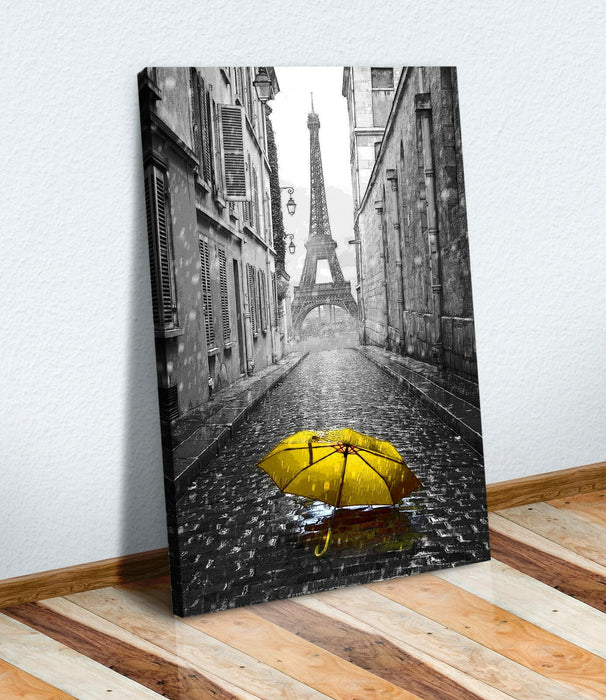 Paris Canvas Wall Art - Yellow Umbrella Canvas With Black White Artwork Print