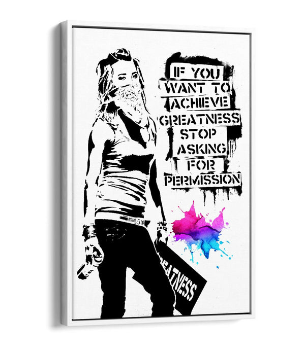 BANKSY ACHIEVE GREATNESS -FLOAT EFFECT CANVAS WALL ART PIC PRINT GRAFFITI- BLACK