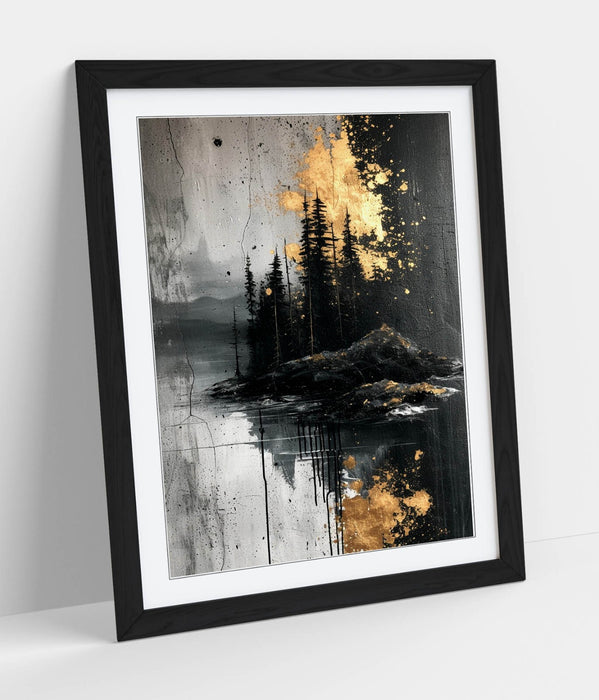 Framed Wall Art Abstract Black Gold Poster Forest Print - Modern Home Decor