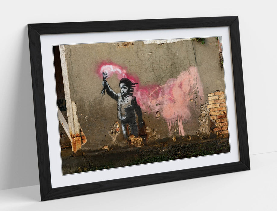 Banksy Wall Art – Handmade UK Framed Graffiti Poster Print With Woodgrain Frame