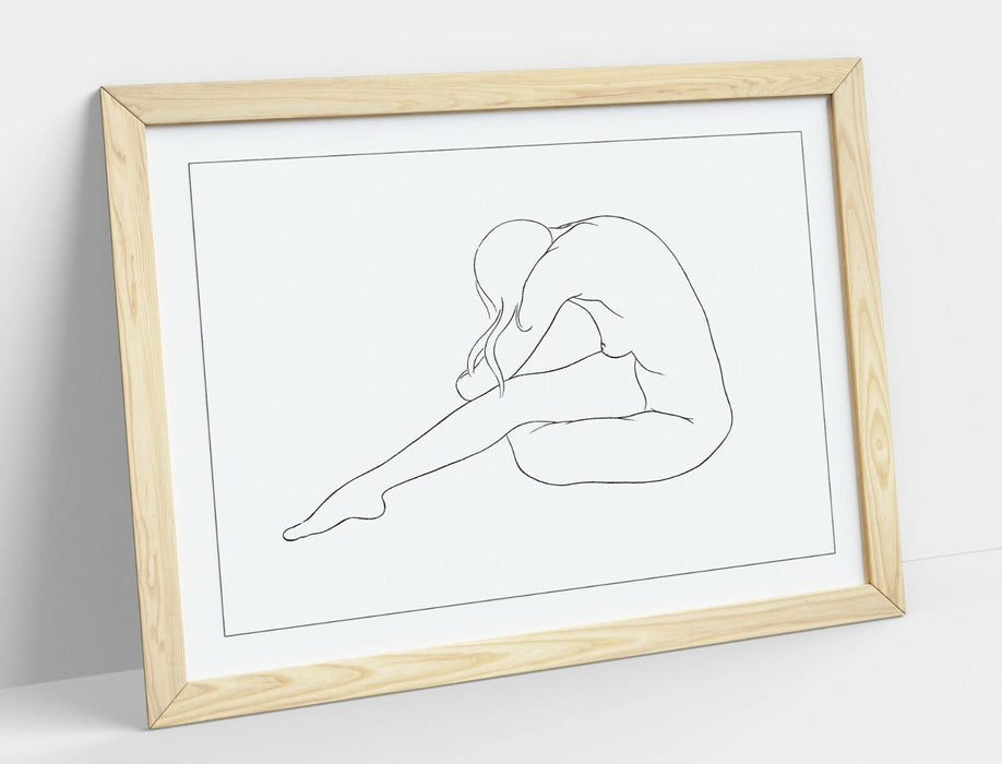 Nude Woman Line Art - Framed Wall Art Blue Line Drawing with Woodgrain Frame Design