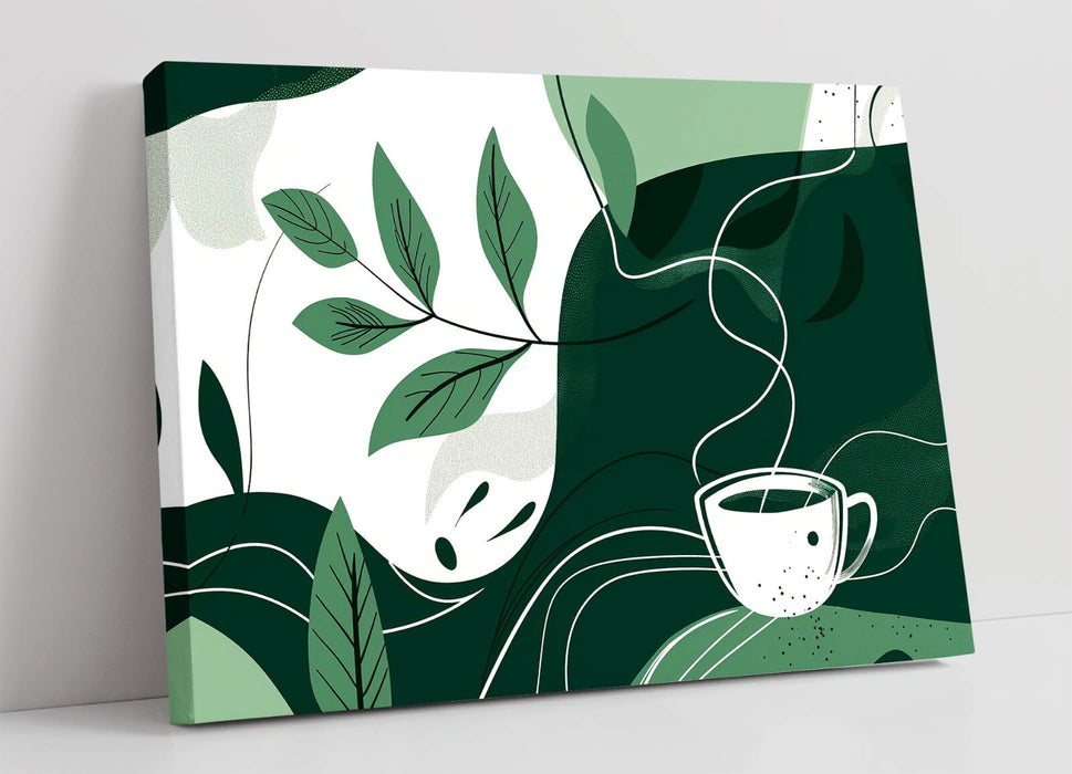 Canvas Wall Art - Modern Green Plant Artwork With Coffee Art Print | Ready To Hang Canvas