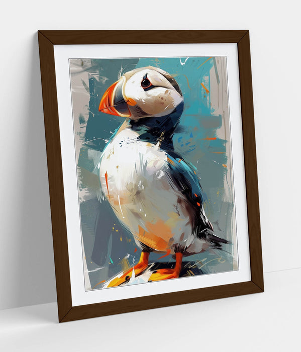 Puffin Wall Art - Framed Bird Poster with Woodgrain Frame for Bedroom Decor
