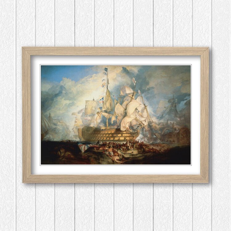 Turner Battle of Trafalgar Framed Art Print – Historic Naval Painting with Woodgrain Faux Frame