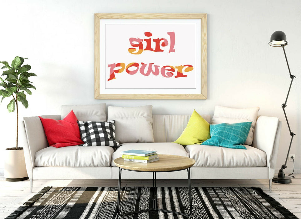 "GIRL POWER" GROOVY FEMINIST QUOTE 1 -FRAMED WALL ART PICTURE PRINT- PINK YELLOW