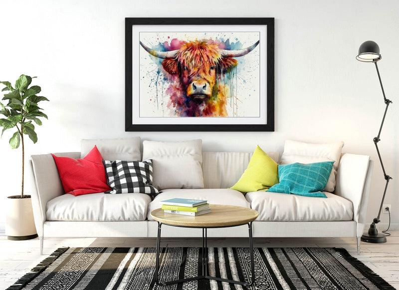 Highland Cow Wall Art – Framed Watercolour Animal Print With Woodgrain Frame