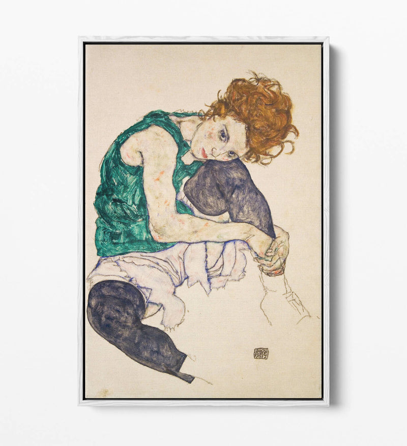Canvas Wall Art - Egon Schiele, Seated Woman With Legs - Float Effect Print Green