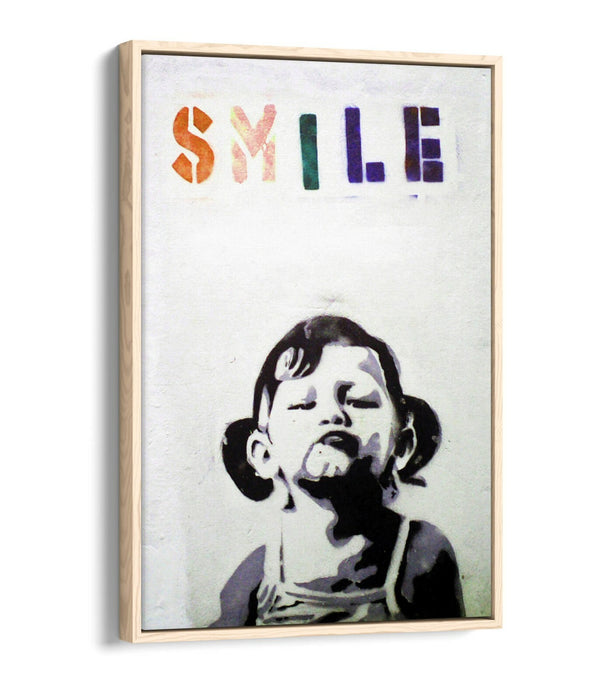 BANKSY SMILE -FLOAT EFFECT CANVAS WALL ART PIC PRINT- BLACK & WHITE