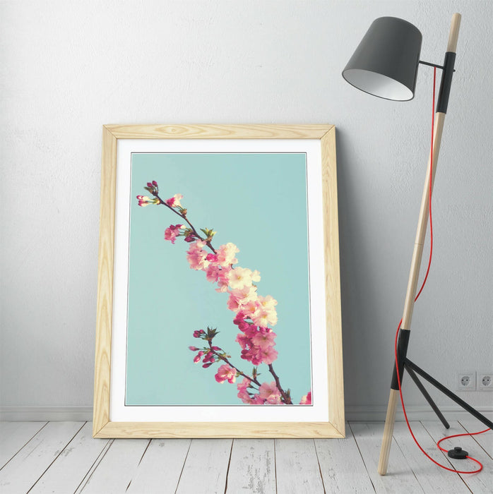 CHERRY BLOSSOM TEAL -ART FRAMED POSTER PICTURE PRINT ARTWORK- CYAN