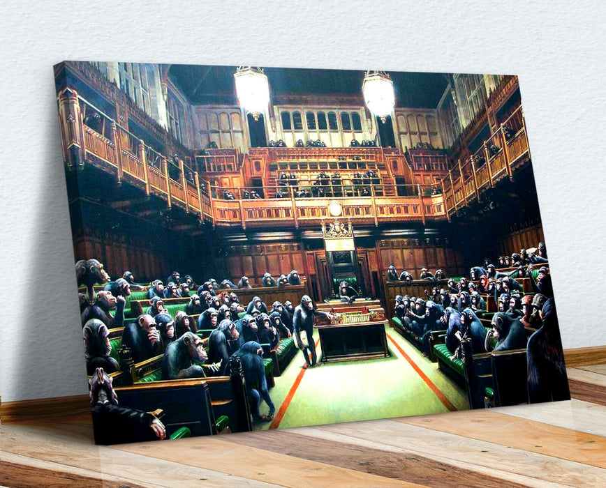 Banksy Canvas Art – Monkey Chimp Parliament Canvas Print | Handmade UK Wall Art