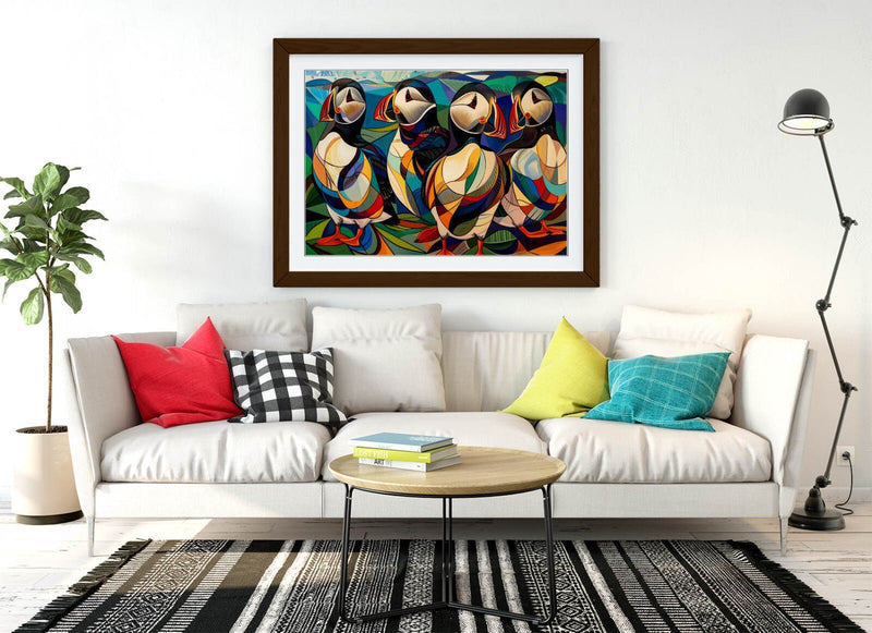 Puffins Wall Art – Framed Bird Print on Matte Paper with Natural Wood Frame