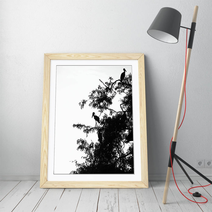 Bird Silhouette Wall Art - Framed Wall Poster | Black Bird Tree Artwork, Matte Finish