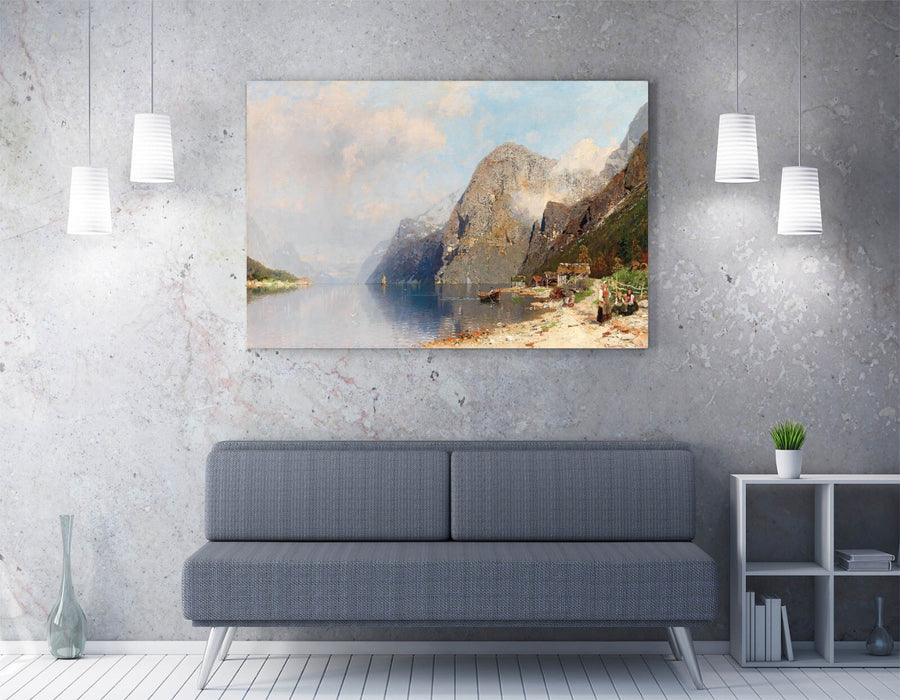 GEORG ANTON RASMUSSEN, A FJORD LANDSCAPE -CANVAS WALL ARTWORK PICTURE PRINT
