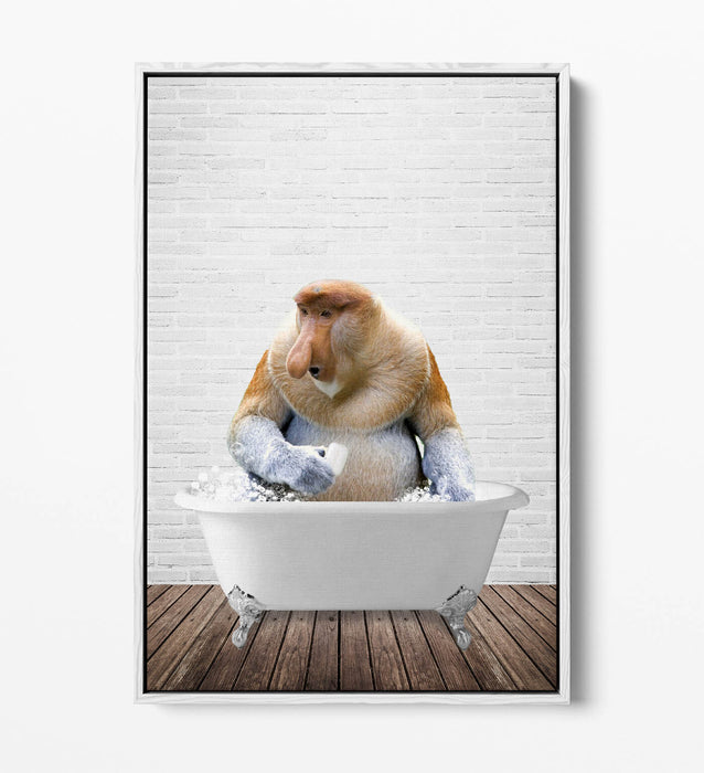 PROBISCUS MONKEY IN BATH -QUIRKY BATHROOM FLOAT EFFECT CANVAS WALL ART PRINT