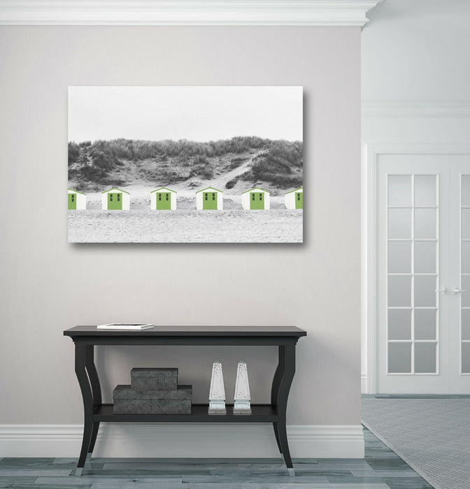 Beach Huts Canvas Art – Green Black White Coastal Wall Decor Print Ready to Hang