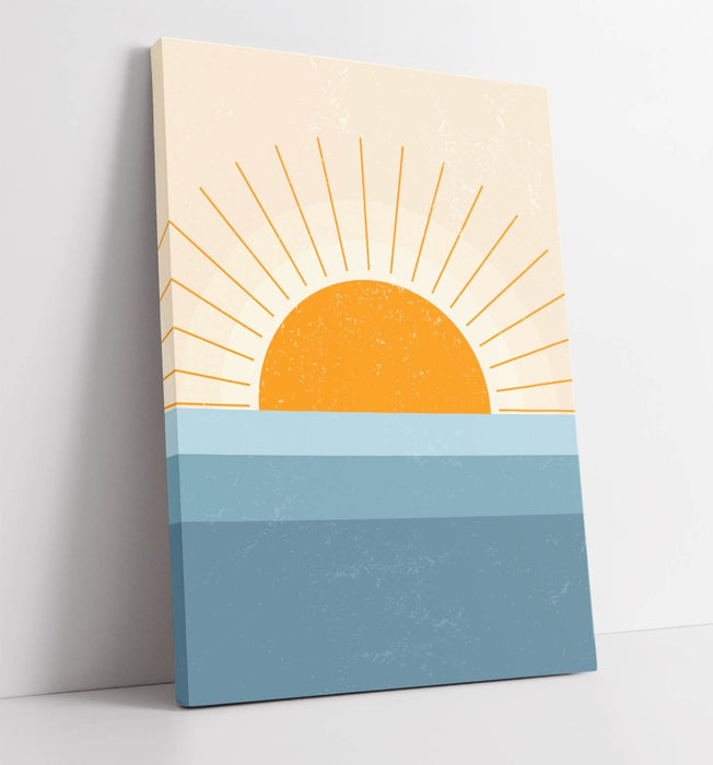 Minimalist Bedroom Canvas - Orange Sunset Print | Blue Sea Wall Art, Ready To Hang