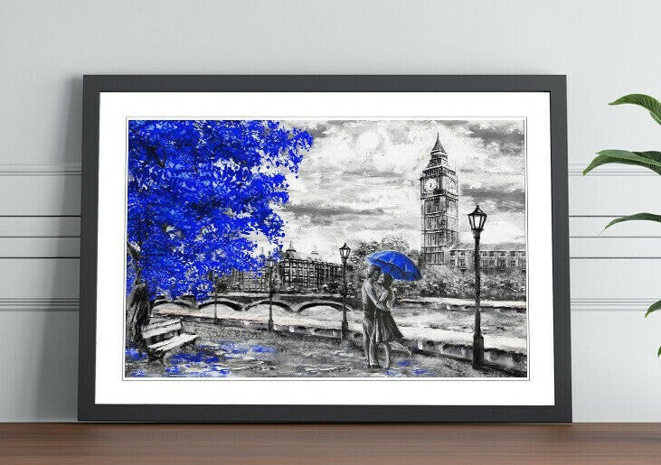 London Big Ben Grey Blue Umbrella Wall Art Picture Framed Poster Print 4 sizes