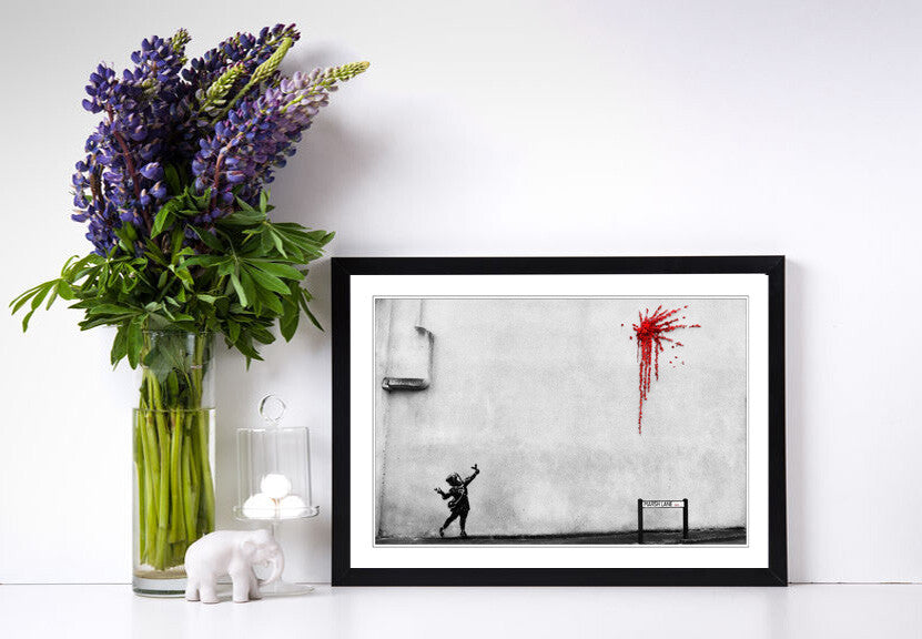 Banksy Valentines Day Art - Framed Art Print With Handmade UK Wood Grain Frame