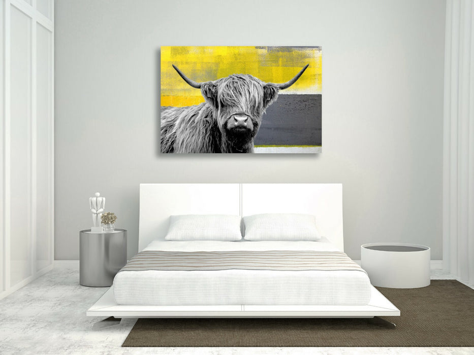 Highland Cow Canvas – Yellow Grey Abstract Animal Wall Art Print | Premium Canvas
