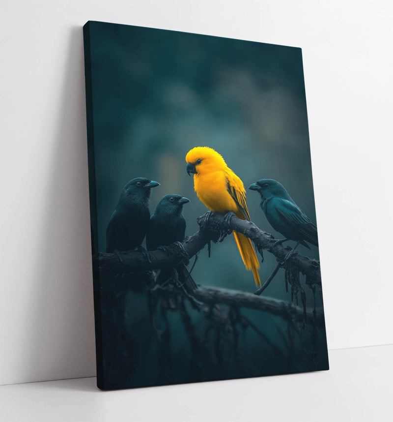 Canvas Wall Art – Yellow Bird & Black Crow Painting on Tree | Handmade Canvas Art