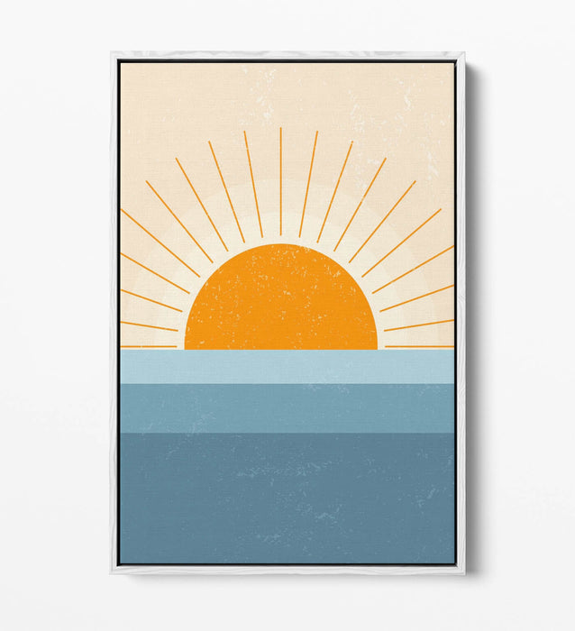 Canvas Wall Art - Orange Sunset Print Over Blue Sea | Float Effect Minimalist Decor