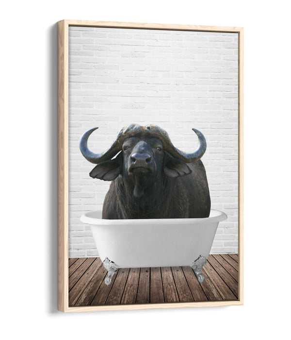 WATER BUFFALO IN BATHTUB -QUIRKY BATHROOM FLOAT EFFECT CANVAS WALL ART PRINT