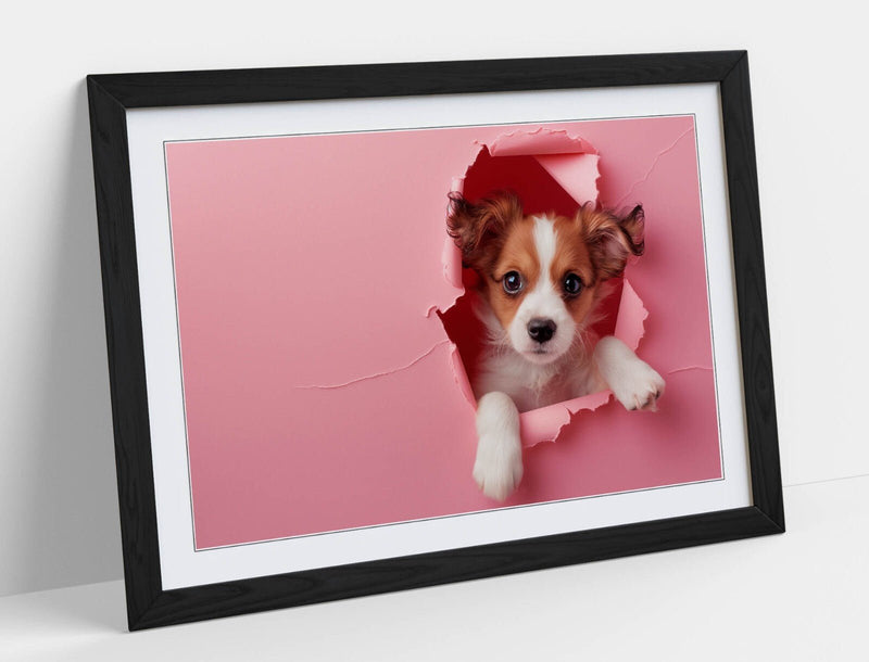 Puppy Wall Art – Framed Cute Puppy Poster With Pink Wall Decor, Ready To Hang