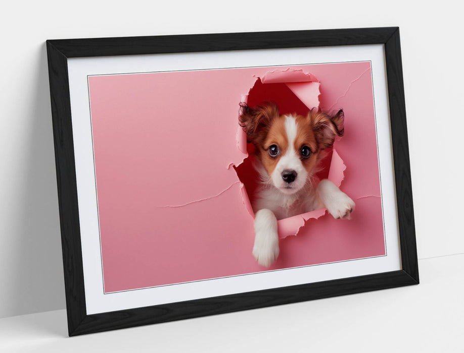 Puppy Wall Art – Framed Cute Puppy Poster With Pink Wall Decor, Ready To Hang