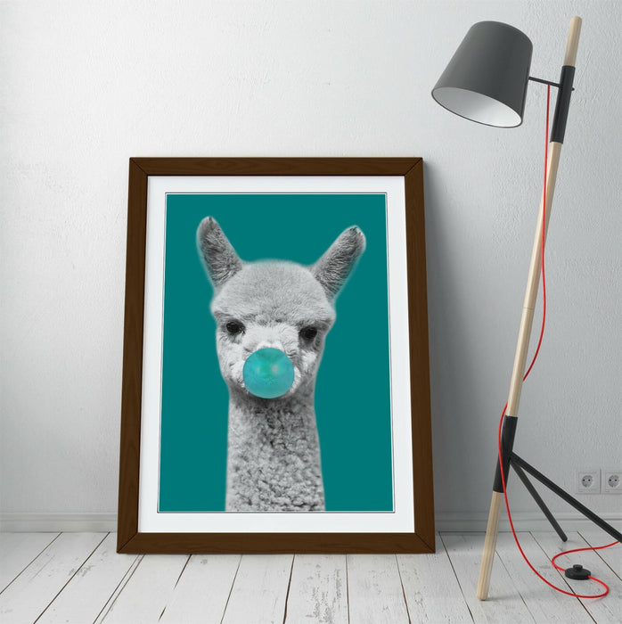 ALPACA BLACK WHITE TEAL BUBBLEGUM -FRAMED ART POSTER PICTURE PRINT ARTWORK