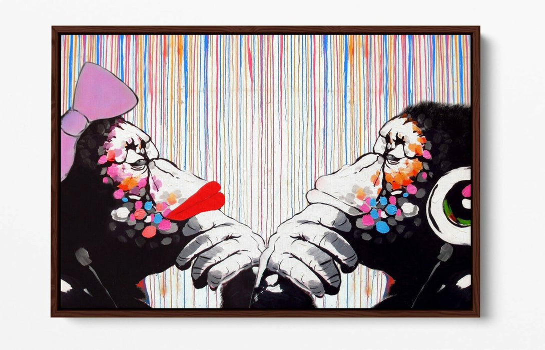 BANKSY DJ MONKEY THINKER DUO COLOUR RAIN -FLOAT EFFECT CANVAS WALL ART PIC PRINT