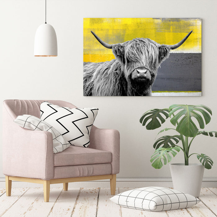 Highland Cow Canvas – Yellow Grey Abstract Animal Wall Art Print | Premium Canvas