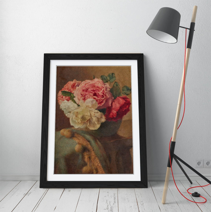 Framed Wall Art - William John Wainwright Roses Floral Poster Print in Woodgrain Frame